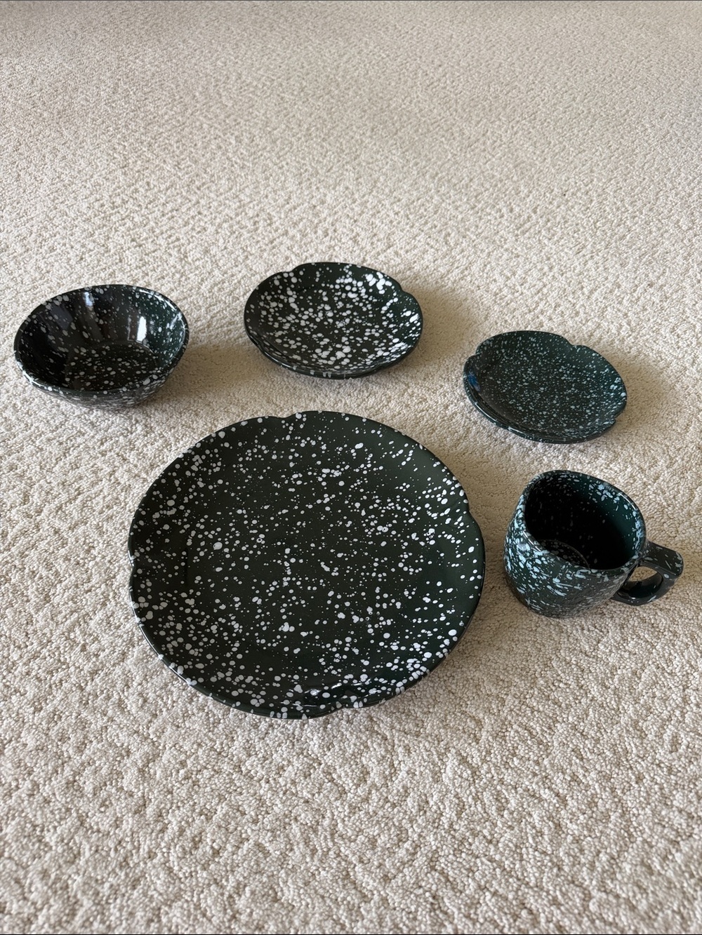 Frankoma Discontinued Country Green and White Splatter Dinnerware Set -Six Piece